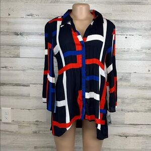 Valerie Stevens Crinkle Pleated Button Up Tunic Blouse Abstract Print Size M NWT